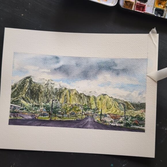 Original Watercolor Painting - Mini Landscape of Ko'olaus after dawn - Oahu art - Picture 3 of 3